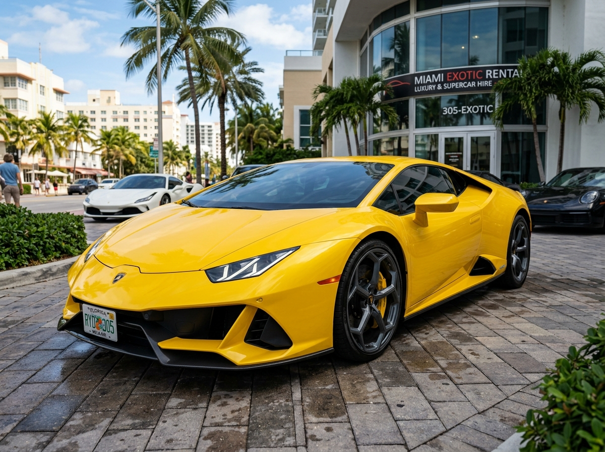 2021 Lamborghini Huracan EVO yellow coupe front three-quarter view Miami exotic rental