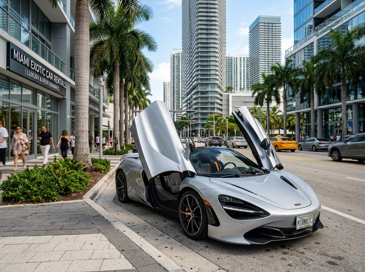 2021 McLaren 720S Spider silver convertible open top parked Brickell Miami exotic car rental