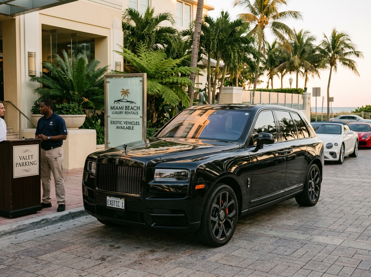 2022 Rolls-Royce Cullinan Black Badge luxury SUV black parked Miami Beach hotel valet exotic rental