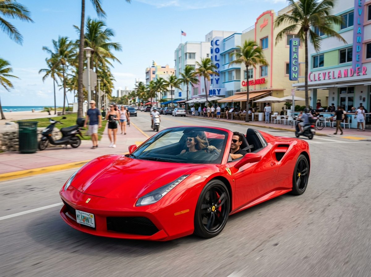 2020 Ferrari 488 Spider red convertible open top driving Ocean Drive South Beach Miami exotic rental