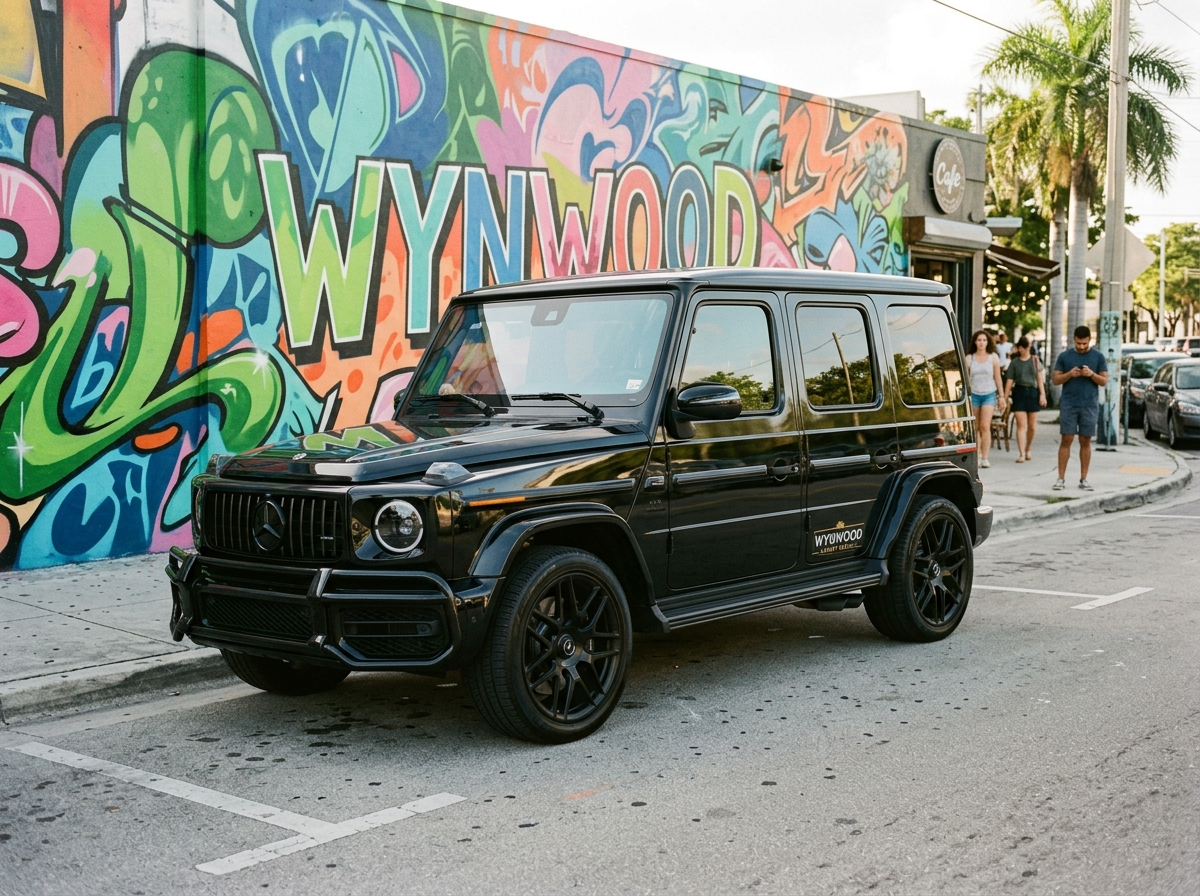 2024 Mercedes-Benz G63 AMG black G-Wagon parked Wynwood Miami luxury SUV rental popular