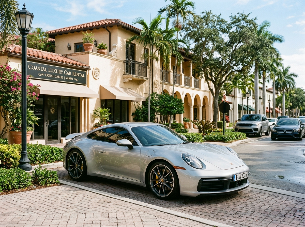 2026 Porsche 911 Carrera S silver sports car parked Coral Gables Miami luxury car rental