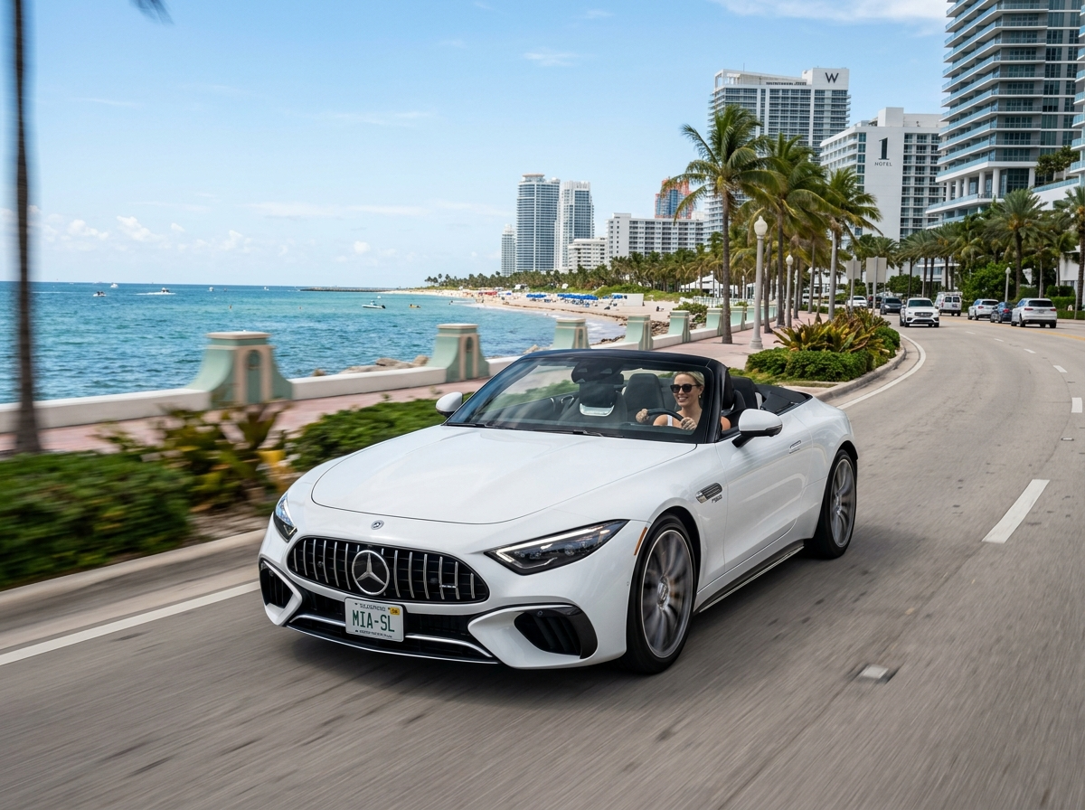2024 Mercedes-Benz SL convertible white open top driving Miami Beach waterfront luxury rental