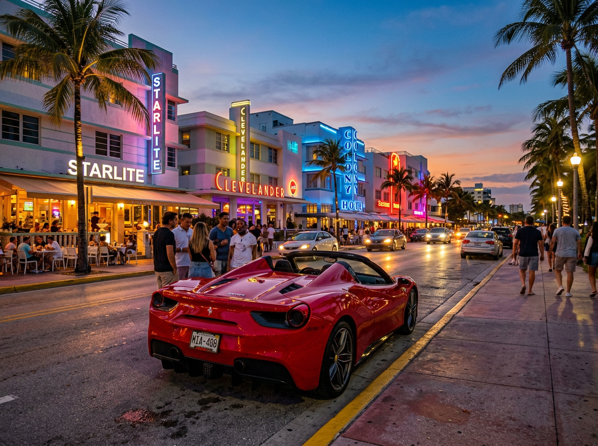 Red Ferrari 488 Spider convertible parked on Ocean Drive South Beach with Art Deco buildings at dusk Miami