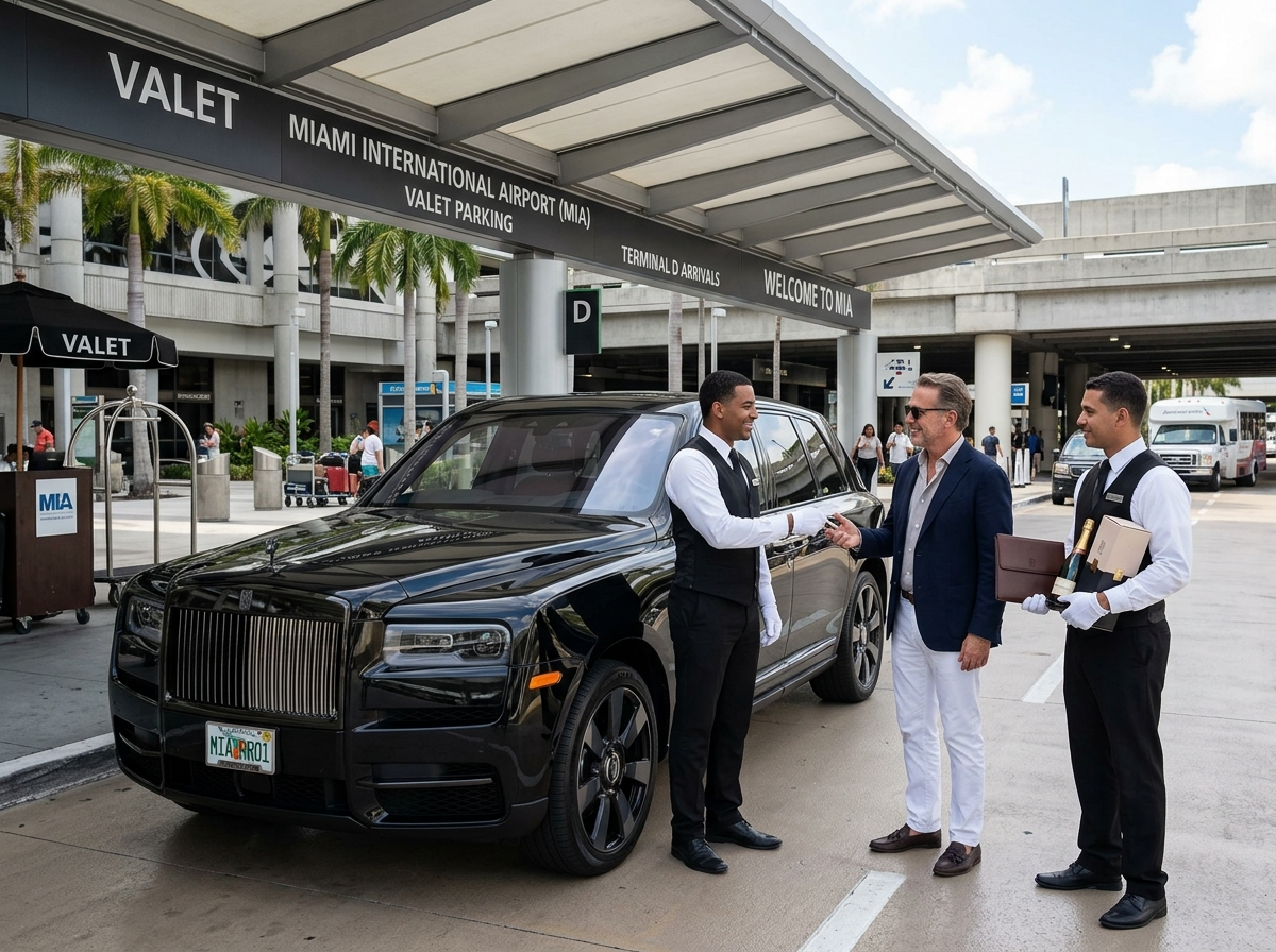 Black Rolls-Royce Cullinan being delivered by white-glove team at Miami International Airport MIA valet