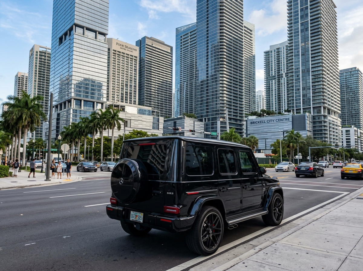 Mercedes-Benz G63 AMG black parked Brickell Avenue Downtown Miami high-rise city backdrop luxury SUV