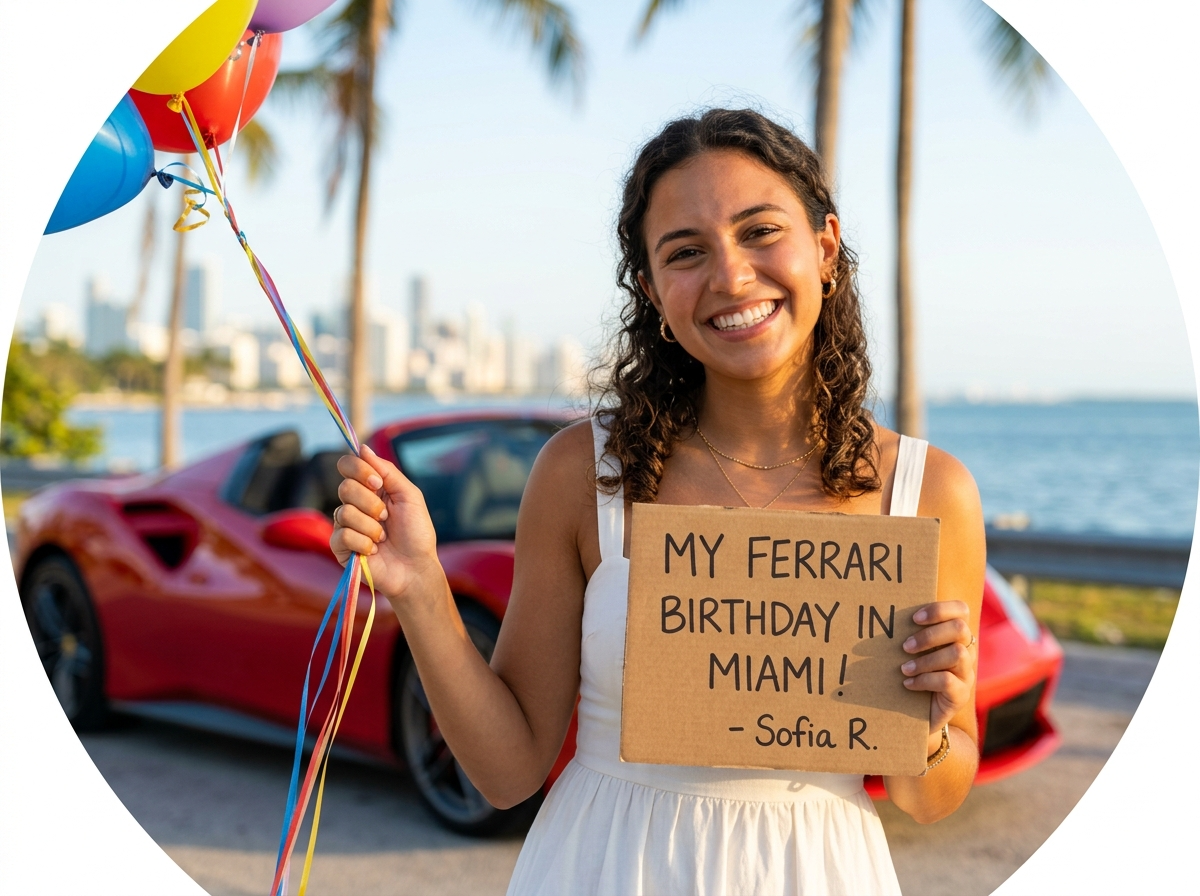 Sofia R testimonial avatar Ferrari rental Miami birthday client portrait